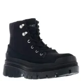 Botas de caña media Caterpillar modelo Hardwear, color negro. Confeccionadas en lona resistente con refuerzos en gamuza, cuentan con una suela de plataforma dentada de goma y cierre mediante cordones con ojalillos metálicos.