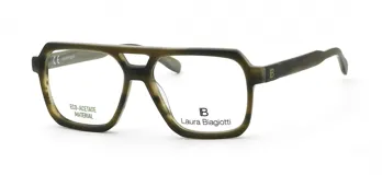 Armazón de anteojos Laura Biagiotti modelo 79, de estilo aviador con doble puente, fabricado en eco-acetato con acabado mate en tono verde oliva jaspeado.