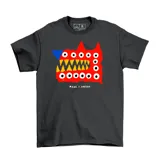 Remera de algodón color gris oscuro con estampa frontal de un perro abstracto en colores rojo, amarillo y azul.