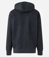 Buzo deportivo negro con capucha, cierre frontal con cremallera, bolsillos laterales y puños ajustados. Confeccionado en tejido de algodón y poliéster.