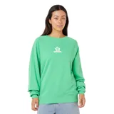 Buzo Rip Curl de manga larga ranglán, color verde, con cuello redondo y diseño holgado. Cuenta con un pequeño estampado blanco en el centro del pecho que combina un diseño floral con el logotipo de la marca.