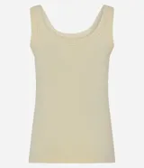 Musculosa básica de canalé azul marino, con escote redondo amplio y breteles anchos, de corte ajustado al cuerpo.