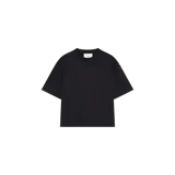 Remera básica de manga corta y cuello redondo, de corte holgado y diseño liso en color negro.