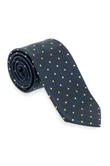 Corbata azul marino con lunares dorados, de 7.5 cm de ancho.