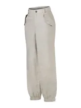 Pantalón de lino orgánico color beige de tiro alto, con bolsillos laterales con solapa y botones, y tobillos elastizados.