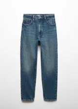 Jeans de corte mom-fit con tiro alto, confeccionados en tejido de algodón estilo vaquero. Presentan diseño de cinco bolsillos, cierre de cremallera con botón y trabillas en la cintura.