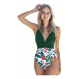 Malla enteriza con diseño combinado, parte superior en color verde petróleo con borde festoneado y parte inferior con estampado floral sobre fondo negro.