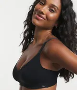 Soutien color marrón con copa desmontable, escote en V, tirantes ajustables y cierre en la espalda.