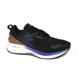 Championes de running 361° en color negro, con detalles en violeta, azul y marrón en la zona del talón. Presentan tecnología Quikfoam en la entresuela y sistema Morphit para un ajuste preciso, con suela de goma de alta tracción.