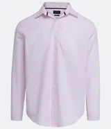 Camisa de vestir slim fit con estampado de cuadros en tonos rosa y blanco, cuello camisero y mangas largas.
