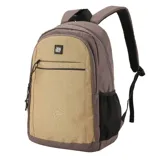Mochila urbana Terrano con diseño combinado en tonos beige y marrón. Cuenta con un compartimento principal con espacio para notebook, bolsillo frontal con cierre y bolsillos laterales de red. Incluye correas acolchadas ajustables.