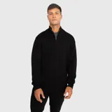 Sweater de punto color negro con cuello alto y cierre frontal parcial. Presenta puños y ruedo acanalados, con un diseño de calce regular.