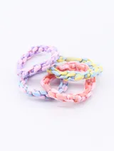 Set de cuatro coleros elásticos para el pelo con textura trenzada en tonos pastel. Cada unidad cuenta con un cierre de cuenta plástica lisa a tono.