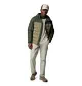 Campera técnica con capucha, impermeable y transpirable, con tecnología termorreflectante Omni-Heat Infinity y aislamiento de plumón de 650 fill power. Presenta un diseño de bloques de color en tonos verde, con construcción HeatSeal sin costuras en el panel frontal y cierre frontal completo.