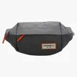 Riñonera Merrell de diseño compacto en dos tonos de gris, con cierre frontal y tiradores en color naranja vibrante. Presenta un parche con el logo de la marca y el año de fundación sobre una base de cuero sintético.