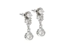 Par de caravanas colgantes de plata 925, con diseño de cascada decorado con múltiples circonias brillantes y un dije circular en el extremo inferior.