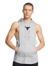 Musculosa deportiva gris con capucha y cordones ajustables. Presenta un diseño sin mangas con sisas amplias, bolsillo canguro frontal y estampado gráfico vertical de tres cabezas de toro. Confeccionada en tejido de mezcla de algodón.