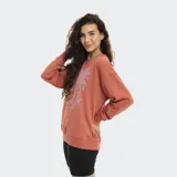 Buzo de cuello redondo color terracota, con estampa frontal de estilo playero que incluye palmeras, aves y el logo de la marca Reef.