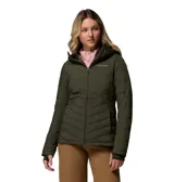 Campera acolchada de mujer marca Columbia, color verde oliva, con capucha, cierre frontal completo, bolsillos laterales con cierre y puños con orificios para los pulgares.