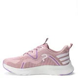 Championes deportivos Push, color gris claro con detalles en violeta y rosa. Presentan una suela blanca con detalles en violeta en la parte inferior.