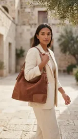 Bolso de eco cuero con textura símil gamuza en color marrón terracota, con detalles de refuerzo en eco cuero liso color tostado en las esquinas inferiores y asas. Cuenta con gran capacidad, ideal para uso diario.