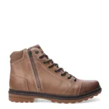 Botas de cuero marrón oscuro tipo borcego, con cordones frontales, cierre lateral y suela de goma acanalada.