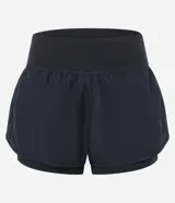 Bermuda deportiva tipo runner de microfibra color azul marino, con cintura elástica, bolsillo con cierre y diseño holgado con bajo redondeado.