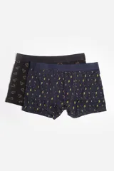 Pack de dos boxers para hombre, uno azul con estampado de dinosaurios y otro azul marino con estampado de símbolos.