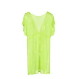 Kimono de playa calado tipo red color amarillo flúor, con cordón ajustable en la cintura y borlas decorativas.