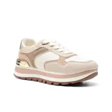Zapatillas deportivas Korium Judith de mujer, con plataforma gruesa a rayas horizontales blancas y negras, y capellada multicolor en tonos verde oliva, blanco, beige, negro y dorado.