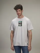 Remera color gris claro con estampa rectangular de una piscina en Palm Springs.