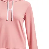 Buzo Under Armour color rosa, con capucha y cordones blancos. Logo de la marca estampado en el pecho.