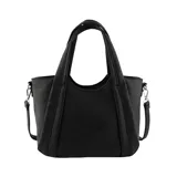 Cartera de mano Las Oreiro en color negro, confeccionada en material texturizado. Presenta doble asa superior, correa ajustable y extraíble, y detalles de marca grabados en el frente.