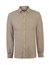 Camisa de manga larga de lino orgánico color tostado con diseño de rayas verticales blancas, cuello italiano y bordado del logo de la marca en el pecho.