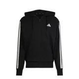 Campera Adidas Essentials 3 para hombre, color negro con tres rayas blancas en las mangas, cierre frontal completo, capucha con cordones ajustables y logo de Adidas bordado en el pecho.
