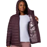 Campera acolchada con capucha, color bordó, con cierre frontal completo, bolsillos laterales con cierre y puños elásticos.