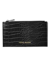 Billetera y monedero pequeño de Vero Moda en color negro, con diseño efecto piel de cocodrilo, cierre superior y logo dorado de la marca en el frente.