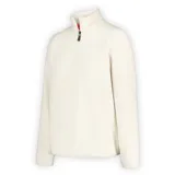 Buzo polar de mujer con cuello alto y cierre frontal de cuarto de cremallera. Presenta un diseño de micropolar ligero en color beige, con ribetes elásticos en cuello, puños y dobladillo.