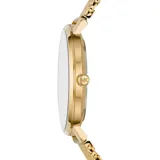 Reloj Michael Kors modelo Pyper, color dorado con caja de acero de 38mm, cristal mineral, esfera dorada con indicadores de hora con cristales y malla milanesa de acero inoxidable. Resistente al agua hasta 50 metros.