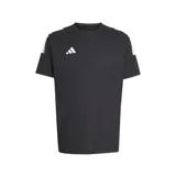 Remera deportiva Adidas Sereno de color negro, de manga corta, con cuello redondo y detalles de franjas blancas en los hombros. Incluye el logo de la marca estampado en el pecho.