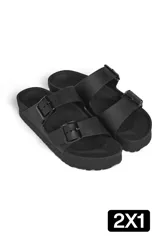Sandalias de goma con hebillas ajustables, disponibles en color negro, verde militar, plateado y dorado.