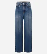 Pantalón wide leg de jeans azul con cintura alta, trabillas en la cintura y friso delantero.