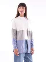 Saco tipo cárdigan largo, color beige con bloques de color gris y arena.