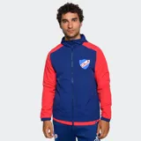 Campera deportiva Umbro Tazer con capucha, de color azul con mangas rojas y cierre frontal completo.