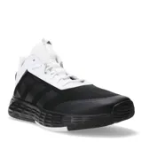 Championes de básquetbol Adidas modelo Own The Game 2.0, con diseño de caña media. Presentan una combinación de colores blanco y negro, con malla transpirable en la parte superior, refuerzos sintéticos y suela de caucho con amortiguación.