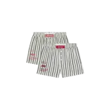 Pack de dos boxers Eme Studios de rayas verticales en tonos blanco y gris, con cintura elástica con etiqueta roja con el logo de la marca, bragueta con botones y estampado lateral en color rojo.