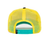 Gorra tipo trucker con panel frontal amarillo, visera curva negra y malla trasera amarilla. Presenta un parche bordado en el frente con la ilustración de un perro y la palabra 'LOYAL'.