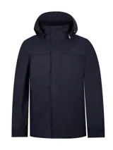 Campera cortaviento impermeable color azul navy de RKF, con capucha desmontable, cuello alto, cierre frontal oculto con solapa y bolsillos laterales.