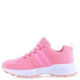 Championes deportivos de tejido de malla color rosado, con cordones al tono, suela blanca con detalles en naranja y refuerzos laterales.
