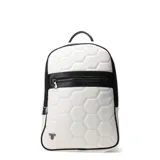 Mochila Tiffosi de cuero sintético blanco con diseño acolchado hexagonal, detalles en negro y bolsillo frontal con cierre.